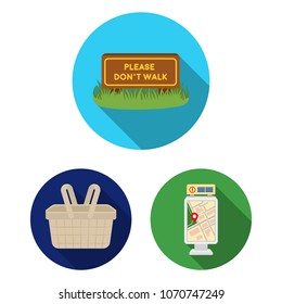 Park, equipment flat icons in set collection for design. Walking and rest vector symbol stock web illustration.