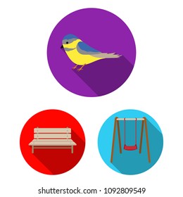 Park, equipment flat icons in set collection for design. Walking and rest vector symbol stock web illustration.