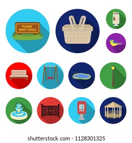 Park, equipment flat icons in set collection for design. Walking and rest vector symbol stock web illustration.