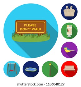 Park, equipment flat icons in set collection for design. Walking and rest vector symbol stock web illustration.