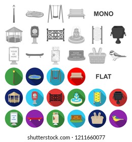 Park, equipment flat icons in set collection for design. Walking and rest vector symbol stock web illustration.