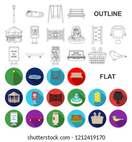 Park, equipment flat icons in set collection for design. Walking and rest vector symbol stock web illustration.