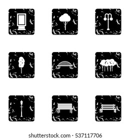 Park equipment icons set. Grunge illustration of 9 park equipment vector icons for web