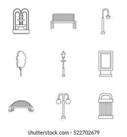 Park equipment icons set. Outline illustration of 9 park equipment vector icons for web