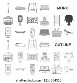 Park, equipment monochrom icons in set collection for design. Walking and rest vector symbol stock web illustration.