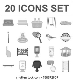 Park, equipment monochrome icons in set collection for design. Walking and rest vector symbol stock web illustration.