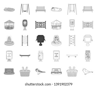 Park, equipment mono,outline icons in set collection for design. Walking and rest vector symbol stock web illustration.