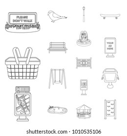 Park, equipment outline icons in set collection for design. Walking and rest vector symbol stock web illustration.