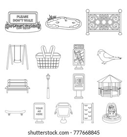 Park, equipment outline icons in set collection for design. Walking and rest vector symbol stock web illustration.