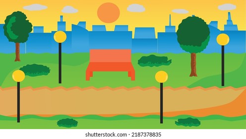 Park Evening Time With Trees, City, Streetlights, Bench, Bushes, Sun And Clouds Flat Landscape Vector Illustration.