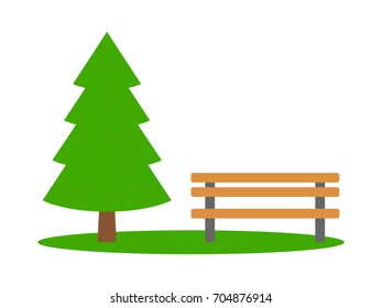 Park with evergreen pine tree and bench flat vector color icon for apps and websites