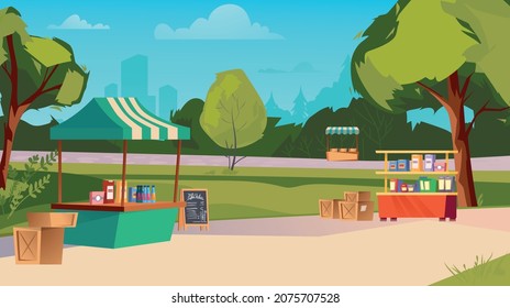 Park fair concept. Cityscape view with counters shop at fairground. Market with kiosks, selling fast food and drinks in public nature place. Vector illustration background in flat cartoon design