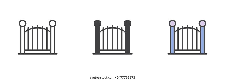 Conjunto de iconos de estilo diferente de la valla de estacionamiento. Línea, glifo y contorno relleno versión colorida, contorno y Vector relleno signo. Símbolo de puerta decorativa, ilustración de logotipo. Vector gráfico