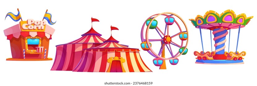 Park ferris wheel, carnival carousel icon for fun fair cartoon vector illustration. Fairground amusement with vintage theme children attraction and popcorn food outdoor clipart design collection.