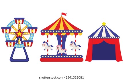 Roda gigante do parque, carrossel do carnaval e tenda para a ilustração do vetor do desenho animado justo divertido