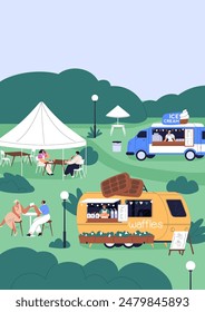 Parkfest mit Street Food Trucks. Sommerferienveranstaltung, kleine Charaktere essen und entspannen. Outdoor Cafe Wohnwagen, Zelte und Tische. Poster, Kartenhintergrund-Design. flache Vektorillustration