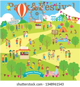 park festival summer party with much people in sunny daytime and there is a hot air balloon,camp area ,children play in park ,Family time in illustration.-vector
