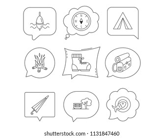 Park, fishing float and hiking boots icons. Compass, umbrella and bonfire linear signs. Camping tent, fish dish and tree icons. Linear Speech bubbles with icons set. Comic chat balloon. Vector