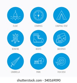 Park, fishing float and hiking boots icons. Compass, umbrella and bonfire linear signs. Camping tent, fish dish and tree icons. Blue circle buttons set. Linear icons.