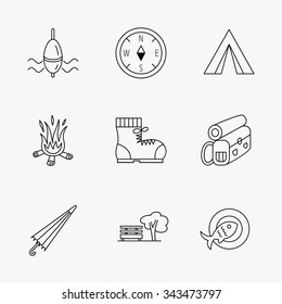 Park, fishing float and hiking boots icons. Compass, umbrella and bonfire linear signs. Camping tent, fish dish and tree icons. Linear black icons on white background.