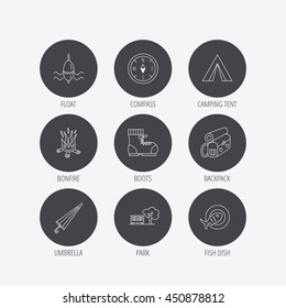 Park, fishing float and hiking boots icons. Compass, umbrella and bonfire linear signs. Camping tent, fish dish and tree icons. Linear icons in circle buttons. Flat web symbols. Vector