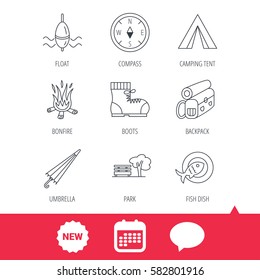 Park, fishing float and hiking boots icons. Compass, umbrella and bonfire linear signs. Camping tent, fish dish and tree icons. New tag, speech bubble and calendar web icons. Vector