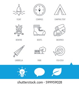 Park, fishing float and hiking boots icons. Compass, umbrella and bonfire linear signs. Camping tent, fish dish and tree icons. Light bulb, speech bubble and leaf web icons. Vector