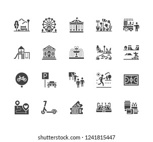 Park flat glyph icons set. Botanical garden, carousel, ferris wheel, museum, excursion, pond, street food, fountain vector illustrations. Signs for outdoors. Solid silhouette pixel perfect 64x64