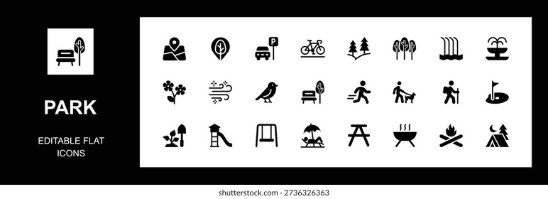 Park flat icon set. featuring nature, recreation, camping, hiking, playground, picnic, landscape, swing, forest, relaxation, Dog Walk, Bench, Gardening, and more icons	