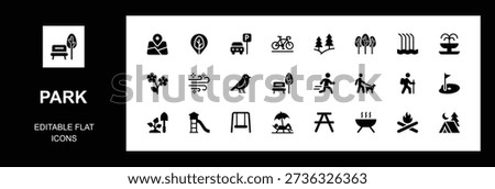 Park flat icon set. featuring nature, recreation, camping, hiking, playground, picnic, landscape, swing, forest, relaxation, Dog Walk, Bench, Gardening, and more icons	