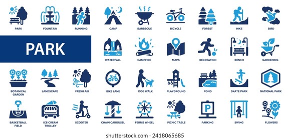 Park flat icons set. Picnic, running, barbecue, swing, camp, icons and more signs. Flat icon collection.