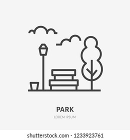 Park flat line icon. Vector thin sign of bench, tree, sky and street light, urban public place logo. City infrastructure illustration.