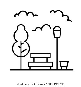 Park flat line icon. Vector thin sign of bench, tree, sky and street light, urban public place logo. City infrastructure illustration.