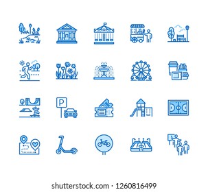 Park flat line icons set. Botanical garden, carousel, ferris wheel, museum, excursion, pond, street food, fountain vector illustrations. Thin signs for outdoors. Pixel perfect 64x64. Editable Strokes