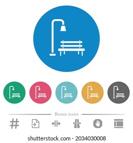 Park flat white icons on round color backgrounds. 6 bonus icons included.