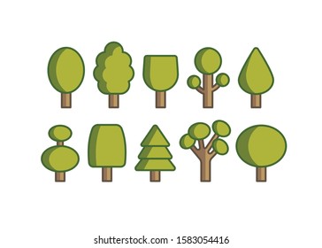 Park, forest, garden green trees. Minimalistic outline icons, logos for web design and social media. Vector set. Cartoon style, simple flat design. Trendy illustration. Every icon is isolated