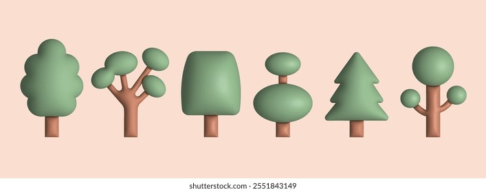 Park, forest, garden green trees set. 3D cartoon style. Minimalistic cool icons, logos for web design and social media. Hand drawn Vector trendy illustration. Isolated design elements
