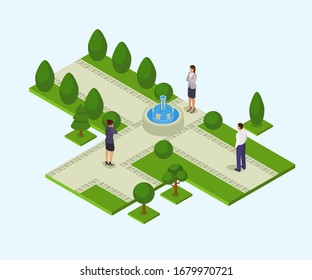 Park with fountain vector illustration isometric isolated. Different people man women in business clothes standing alone in park. Outdoor resting area with trees, paths, lawns, water.