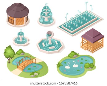 Park fountains, garden ponds and gazebo pavilions, vector isolated isometric constructor elements. Public park and city garden landscape architecture, bridge over ponds with swans and wooden pavilions