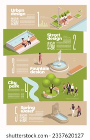 Park fountains gazebo isometric infographics with horizontal banners of city park urban street design with people vector illustration