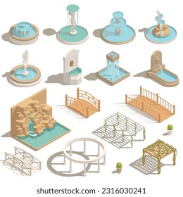 Park fountains ponds gazebo isometric set of isolated icons with landscape elements bridges waterfalls and summerhouses vector illustration