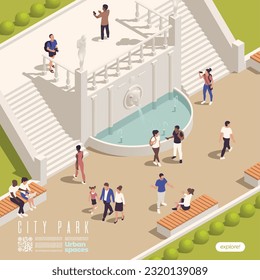 Park fountains ponds gazebo isometric composition with outdoor scenery of historic landmark with stairways and people vector illustration