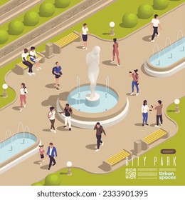 Park fountains ponds gazebo isometric composition with outdoor view of park with benches bushes and people vector illustration