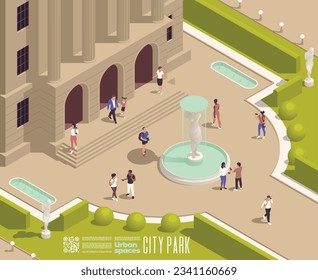 Park fountains ponds gazebo isometric composition with outdoor scenery of theatre garden with people and text vector illustration