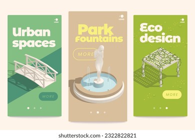 Park fountains ponds gazebo set of three vertical banners with page switch buttons and editable text vector illustration