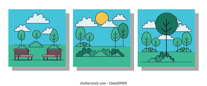 Park frames set design, Landscape nature outdoor beautiful season spring and summer theme Vector illustration