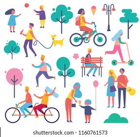 Park full of people isolated icons set vector. Male and female resting, children playing with ball, mom and child eating ice cream. Bikers on bicycles