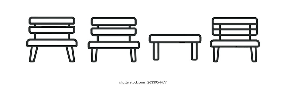 Park furniture outline icon set - benches, tables, outdoor seating graphics