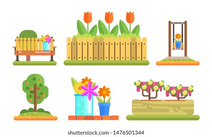 Park and Garden Elements Set, Flowerbeds with Blooming Flowers and Plants, Wooden Bench Vector Illustration