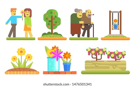 Park and Garden Elements Set, Young Man Giving Flower to Girl, Senior Couple Walking Together, Flowerbeds and Pots with Blooming Flowers Vector Illustration